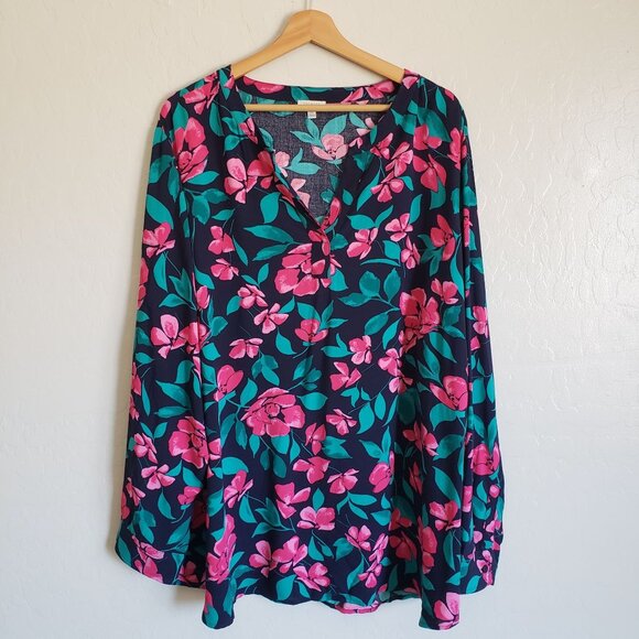 Talbots Tops - Talbots Split V-Neck Tropical Floral Top Blue/Pink Women's 3X Hawaiian Vacation